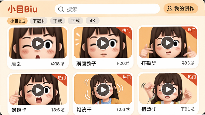 主体:小目Biu贴纸商店界面,展示多个分类标签和动态贴纸预览。布局:九宫格排列贴纸,顶部有搜索栏和“我的创作”入口。排版:每个贴纸缩略图带播放按钮,下方显示名称和下载次数。风格:暖色系,卡片化设计,圆角。细节:贴纸缩略图动态显示眨眼、摇摆动作,右上角有“热门”角标。画质:4K,干净明亮。