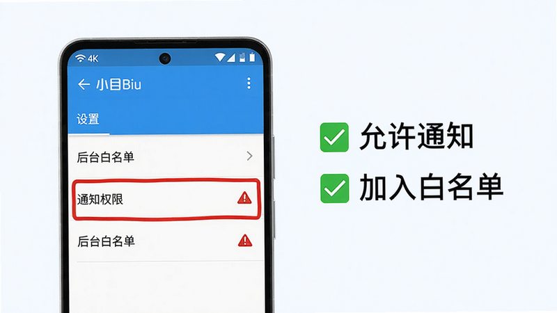 主体:一部安卓手机屏幕显示小目Biu设置页面,高亮显示“通知权限”和“后台白名单”选项,旁边有对号和警告标志。布局:手机居左,右侧列出文字提示“ 允许通知”“ 加入白名单”。排版:设置页面列表清晰,重点选项用红色框标注。风格:扁平,蓝白配色。细节:手机顶部状态栏显示WiFi和信号满格。画质:4K,干净无多余元素。