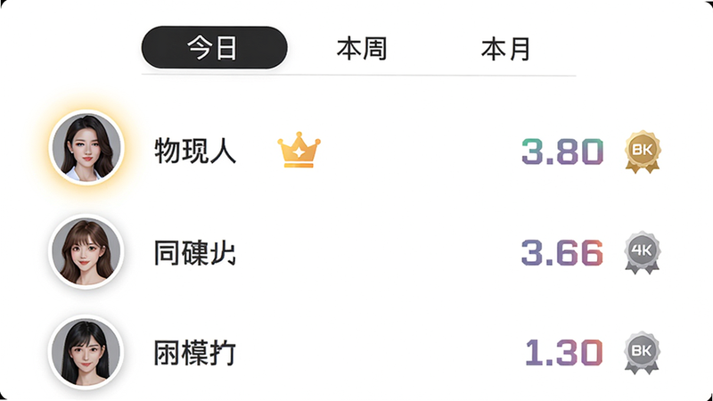 主体:小目Biu好友排行榜界面,列表显示好友头像、昵称、Biu次数和排名徽章。布局:垂直列表,顶部有“今日”“本周”“本月”选项卡。排版:每行左图标中名字右数字,第一名显示皇冠徽章。风格:轻商务感,背景为白色,线条简约。细节:头像周围有光晕效果,数字用渐变色高亮。画质:4K,干净。