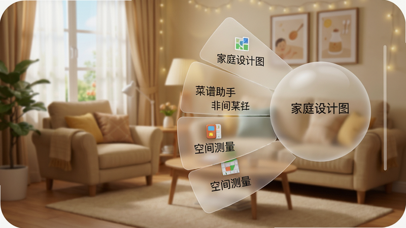悬浮菜单展开动画演示:设计家庭生活(辅助菜单)的悬浮球在手机屏幕右侧展开为扇形列表,列表项包括“家庭设计图”、“菜谱助手”、“空间测量”等,界面半透明毛玻璃效果,背景为温馨室内环境,细节清晰,画质干净无杂物