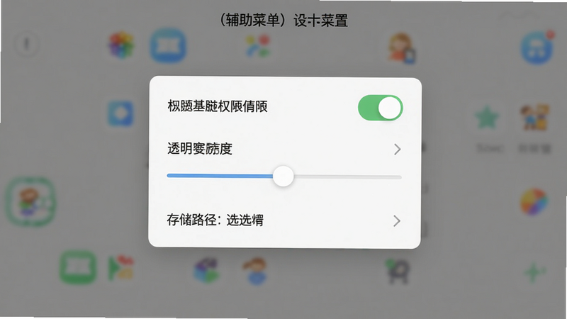 设计家庭生活(辅助菜单)的设置界面截图,显示悬浮窗权限开关、透明度调节滑块、存储路径选择等选项,背景为纯色干净,文字清晰,布局规整,画质高清无多余元素