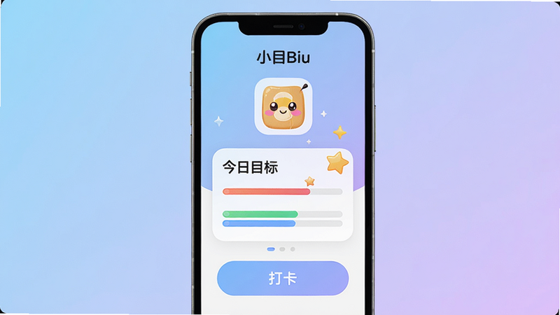 提示词:主体为小目Biu手机App界面,屏幕居中,背景为渐变色(浅蓝到浅紫),顶部显示“小目Biu”字样和Logo(一个可爱的Biu表情),下方有“今日目标”卡片和“打卡”按钮,布局简洁,风格扁平化插画,细节包括彩色进度条、小星星装饰,画质4K高清,干净无多余元素。