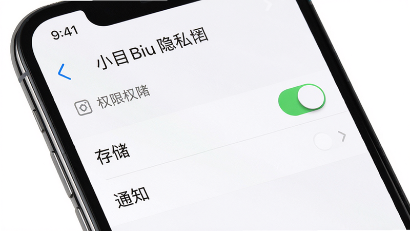 提示词:小目Biu安全隐私界面手机截图,显示权限列表,只有“存储”和“通知”两个开关,背景白色,布局简洁,文字清晰,风格官方,画质高清,干净无多余元素。