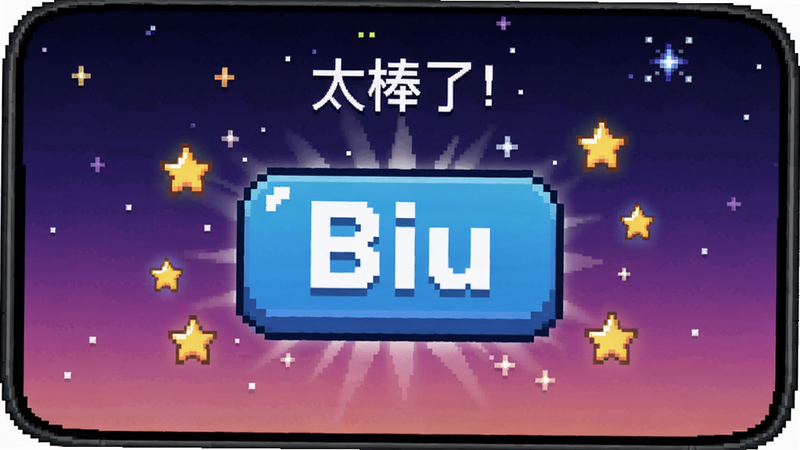 提示词:小目Biu打卡界面,像素风格,手机上显示一个巨大的“Biu”按钮,周围散落着星星和光效,打卡后屏幕出现“太棒了!”字样,背景为星空渐变,布局居中,细节丰富,画质细腻,干净整洁。