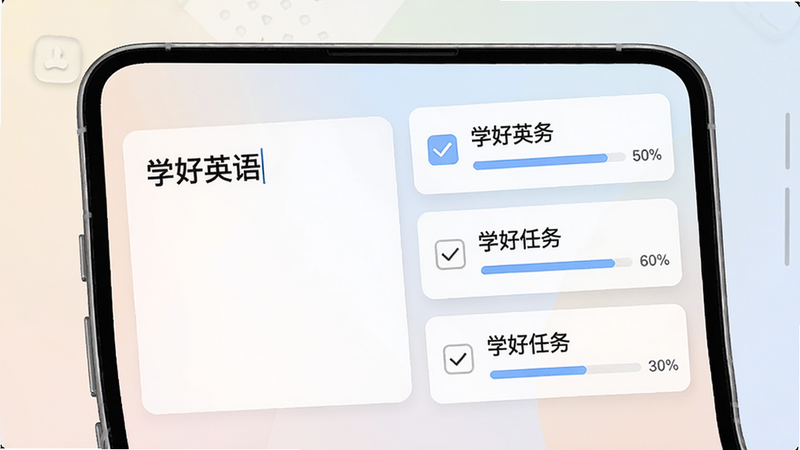 提示词:小目Biu智能拆解界面,手机屏幕展示,左侧输入框输入“学好英语”,右侧自动生成三个子任务卡片,每个卡片有勾选框和进度条,背景柔和,文字清晰,风格清新干净,画质高清,无多余元素。