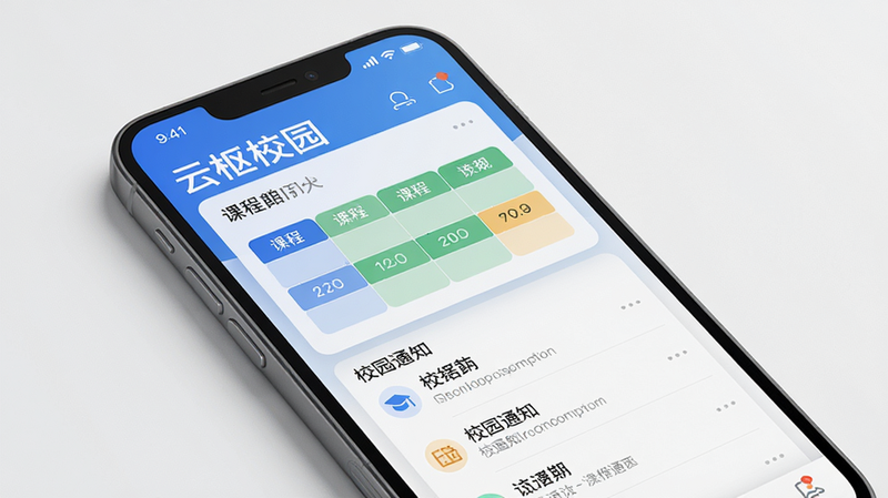 手机屏幕展示“云枢校园”主界面,中央显示课程表与校园通知列表,排版整洁,现代简约风格,高清画质,细节丰富,背景干净无多余元素。