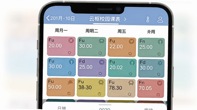 手机展示云枢校园课表界面,周视图显示周一至周五课程,不同颜色区分科目,布局整齐,顶部有日期导航,画质清晰,简约风格。