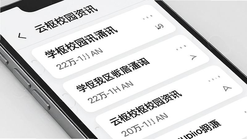 手机屏幕显示云枢校园资讯列表,包含多条通知条目,每条有标题和发布时间,背景为白色,风格扁平化,高清画质。