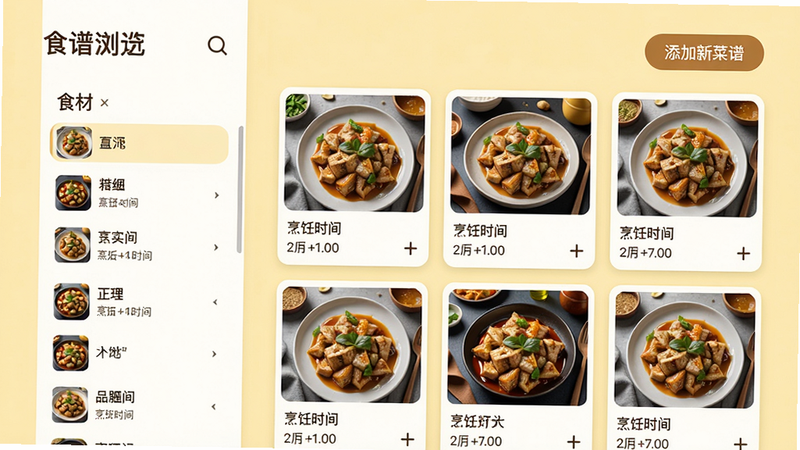 主体:食谱浏览界面,左侧有食材筛选栏,右侧展示菜谱卡片,右上角有“添加新菜谱”按钮,布局:左右分栏,排版:网格卡片,风格:温暖明亮,细节:每张卡片上有菜品图片和烹饪时间,背景是淡黄色,画质:高清,无多余元素