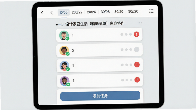 主体:家庭计划共享界面,布局:顶部是日期导航,中间为任务列表,每个任务带有人物头像和完成状态,底部有“添加任务”按钮,排版:列表式,风格:简洁卡片设计,细节:头像上有绿色对勾表示已完成,未完成显示红色感叹号,背景为浅灰色,画质:清晰,干净无杂乱元素,文字“设计家庭生活(辅助菜单)家庭协作”