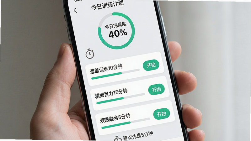 主体为手机界面显示“今日训练计划”,包含“遮盖训练10分钟”“精细目力15分钟”“双眼融合5分钟”三个模块,每个模块有进度条和开始按钮。布局纵向排列,上方有“今日完成度40%”圆环。风格清新简洁,细节有倒计时图标和文字“建议休息5分钟”,画质清晰,无多余元素。