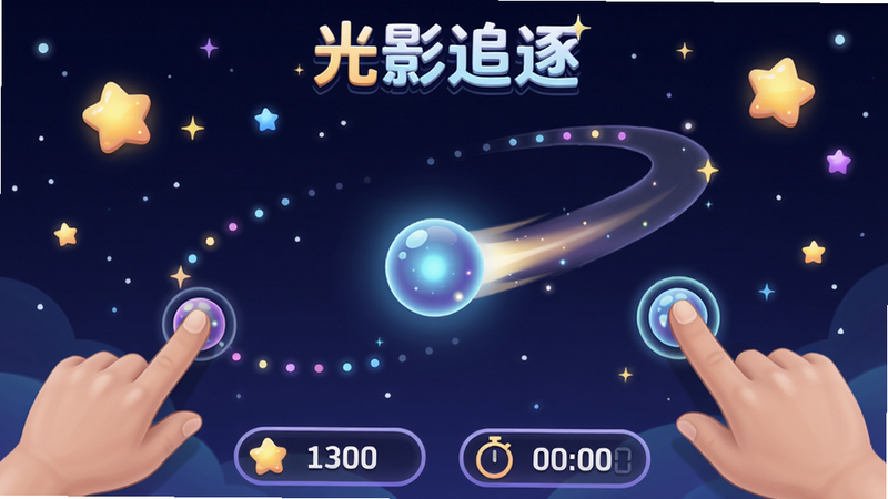 主体是游戏界面“光影追逐”,背景为星空,中间一个发光小球随机移动,用户需用手指追踪小球轨迹,界面下方有得分和计时器。布局中心聚焦,小球带有拖尾效果。风格卡通梦幻,细节包括闪烁星星和路径光点,画质高清干净。
