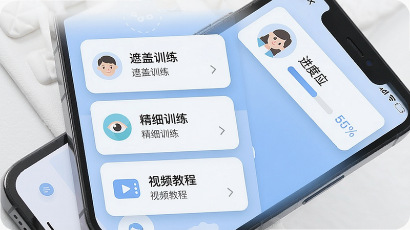 主体是一台手机屏幕展示弱视免费训练应用主界面,左侧有“遮盖训练”“精细训练”“视频教程”三个功能卡片,右上方显示用户头像和进度条。布局左右分明,卡片间距均匀,排版采用扁平化设计风格,色彩柔和以蓝白为主,细节包括卡片上的小图标和进度百分比数字,画质高清干净,无多余元素。