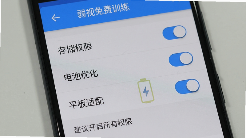 主体为一部安卓手机屏幕显示“弱视免费训练”软件的设置页面,页面中有“存储权限”“电池优化”“平板适配”三个开关选项,下方有提示文字“建议开启所有权限”。布局为列表形式,风格清爽,细节包括开关按钮的蓝色滑块和灰色背景,画质高清,干净无多余元素。