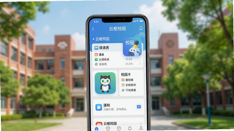 主体:云枢校园App全貌界面展示,布局:中心放置一台智能手机,屏幕显示云枢校园主页面,包含课表、校园卡、通知等模块。排版:手机居中,背景为虚化的校园教学楼和绿树。风格:现代清新写实,明亮色调。细节:屏幕上的图标清晰,文字“云枢校园”可见。画质:高清,干净,无多余元素。