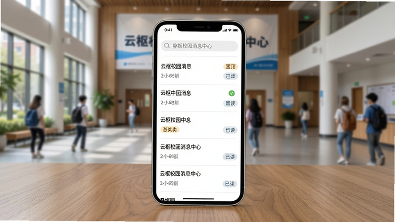 主体:云枢校园消息中心界面,布局:手机屏幕显示通知列表,每条消息有标题、时间、分类标签。排版:手机置于木纹桌面,背景为大学生活动中心。风格:简洁商务风,白色背景。细节:消息列表中有“置顶”“已读”状态,顶部有搜索框。画质:高清,干净,无多余元素。