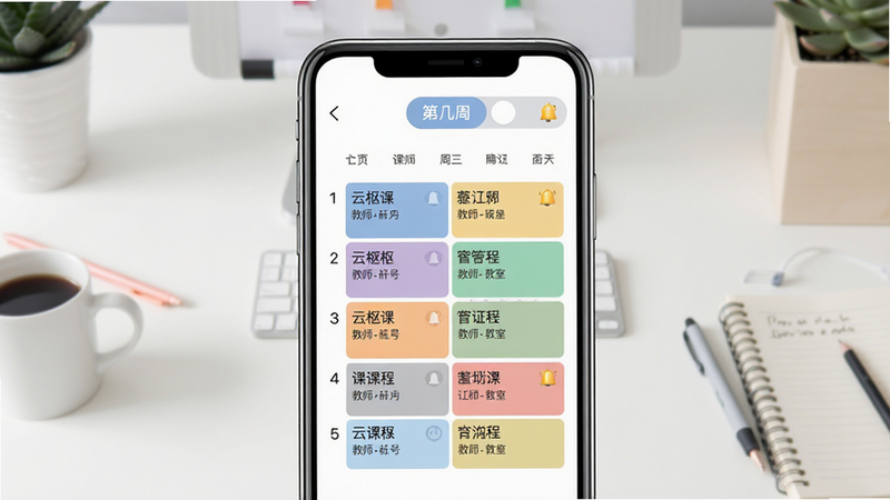 主体:云枢校园课表功能界面,布局:手机屏幕显示周历课表,不同课程用彩色块区分,顶部有“第几周”切换按钮。排版:手机居中,背景为简约书桌。风格:扁平化UI,色彩柔和。细节:课程名称、教师姓名、教室号清晰可读,带有“上课提醒”标记。画质:高清,干净,无多余元素。