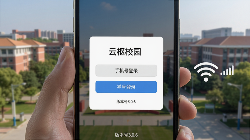 主体:手机显示云枢校园登录界面,布局:屏幕中央是登录框,背景为校园风光。排版:手机竖屏持握,旁边有Wi-Fi图标和信号格。风格:写实摄影风格。细节:界面上有“手机号登录”和“学号登录”两个选项,底部有“版本号3.0.6”。画质:高清,干净,无多余元素。