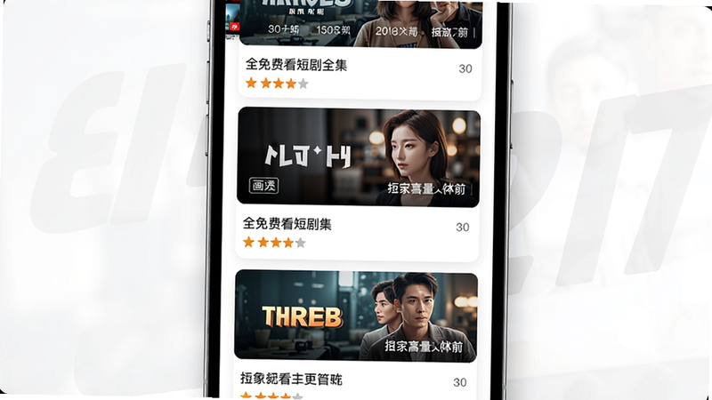 全免费看短剧全集 主界面预览图,手机屏幕展示短剧推荐列表,布局为纵向卡片式,封面图清晰,标题与评分并列,风格简约现代,细节包括播放量标签,画质高清,背景干净无多余元素。