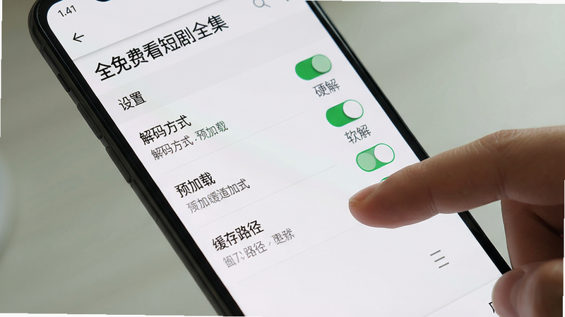 主体:手机屏幕显示“全免费看短剧全集”应用设置页面,包含“解码方式”、“预加载”、“缓存路径”等选项,旁边有用户的手指正在操作;布局:设置项纵向排列,每个带开关或选择器;排版:清晰分组,标题加粗;风格:白色背景,Material Design风格;细节:选项开关为绿色,文字“硬解”、“软解”可切换;画质:干净,无多余元素。