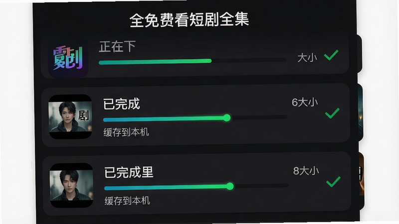 主体:“全免费看短剧全集”应用内的下载管理页面,列表显示正在下载和已完成的剧集,每项有进度条、剧名、大小;布局:纵向列表,每个条目带图标;排版:字体大小适中,颜色区分状态;风格:深色背景,卡片式设计;细节:已完成项有绿色对勾,正在下载项有动态进度条,文字“缓存到本机”提示;画质:干净,无多余元素。