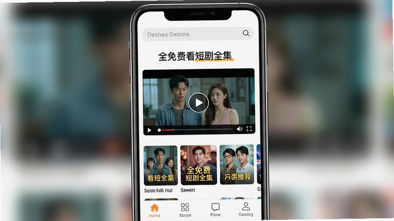 主体:手机屏幕显示“全免费看短剧全集”应用主界面,中央播放一集短剧画面,周围有剧集列表和推荐封面;布局:手机居中,上下留白;排版:应用界面UI简洁,顶部为搜索栏,中部为视频播放窗口,底部为分类导航;风格:扁平化设计,色彩明亮柔和,偏向年轻化;细节:播放窗口有播放按钮,列表封面清晰,文字“全免费看短剧全集”位于屏幕上方;画质:超清,干净无多余元素。