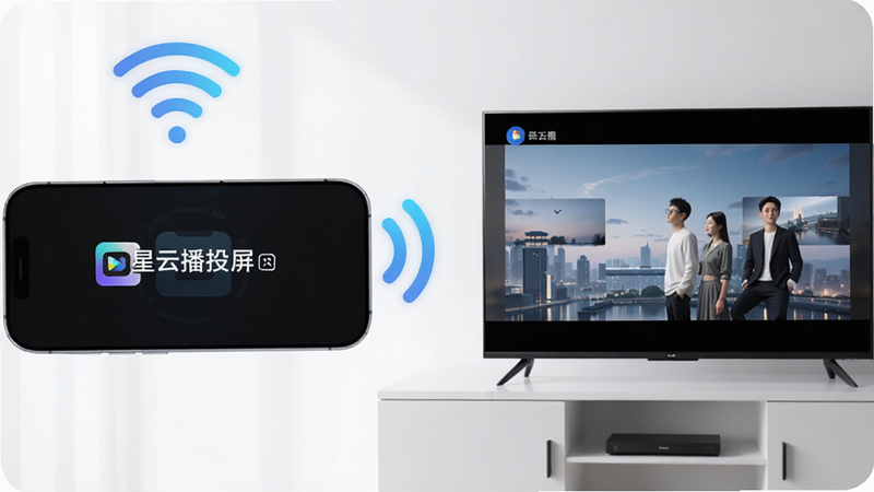 博古AI生图:主体是手机与电视投屏连接场景,布局手机在左、电视在右,排版平衡,风格科技感,细节包括无线信号图标、电视屏幕播放画面,画质超清,干净无多余元素,手机屏幕显示“星云播投屏”字样。