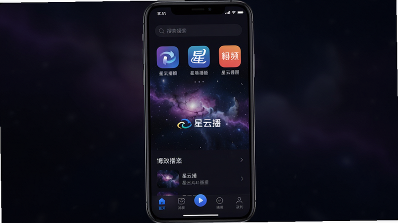 博古AI生图:主体是手机屏幕展示星云播主界面,布局居中,上下排列频道图标与播放列表,排版简洁,风格现代科技感,细节包括顶部搜索栏、底部导航栏,画质超清,干净无多余元素,屏幕中央显示“星云播”logo,背景为深色渐变。