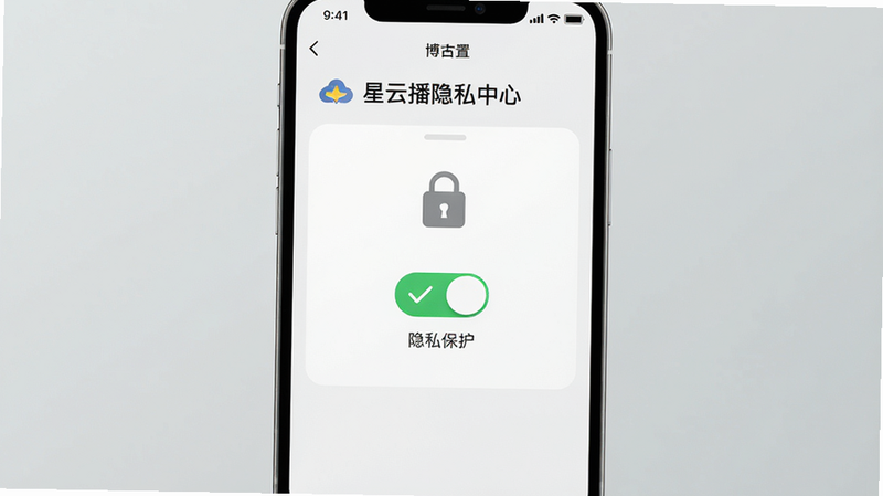 博古AI生图:主体是手机安全设置界面,布局中间有隐私保护开关,排版对称,风格极简,细节包括锁形图标、绿色对号,画质干净,无多余元素,界面标题为“星云播隐私中心”。