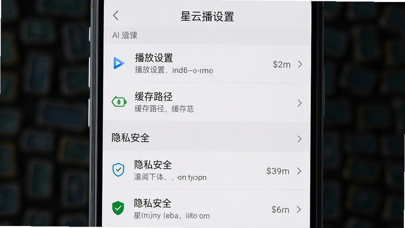 博古AI生图:主体是手机设置界面,布局居中,列表形式显示各项设置选项,排版整齐,风格系统原生,细节包括“播放设置”“缓存路径”“隐私安全”等条目,画质高清,干净无多余元素,顶部标题为“星云播设置”。