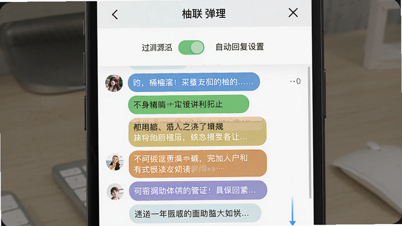 展示柚联的弹幕管理界面,手机屏幕上显示聊天区域,有过滤开关和自动回复设置,弹幕列表中有不同颜色的高亮,界面简洁,文字清晰,画质干净