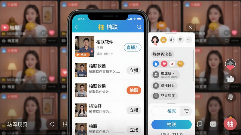 一张展示柚联软件主界面与核心功能布局的预览图,主体为手机屏幕内的柚联应用界面,左侧显示直播列表,右侧为弹幕控制面板,背景为直播画面缩略图,风格扁平化,色彩明亮,细节包括按钮和文字标注