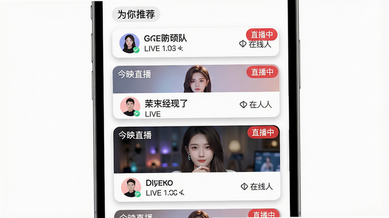主体:手机首页推荐瀑布流,展示不同风格直播封面缩略图;布局:纵向排列,卡片式布局,每张卡片包含主播头像、直播标题、在线人数;排版:卡片间距均匀,顶部有“为你推荐”标签,背景为纯白;风格:现代极简,卡片带轻微阴影,色彩柔和;细节:封面图上叠加“直播中”红色角标,以及“今映直播”品牌logo在左上角;画质:干净整洁,无多余元素