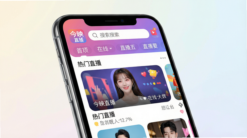 主体:今映直播APP界面截图,展示手机屏幕上的直播推荐列表,顶部有搜索栏和分类标签;布局:居中构图,手机模型占画面主体,屏幕高亮显示直播封面和在线人数;排版:手机屏幕内信息清晰可辨,界面简洁,背景为浅色渐变;风格:扁平化设计,色彩明亮活泼,带有圆角卡片元素;细节:手机边缘有反光,屏幕内显示“今映直播”LOGO及“热门直播”字样;画质:超高清4K渲染,干净无多余元素