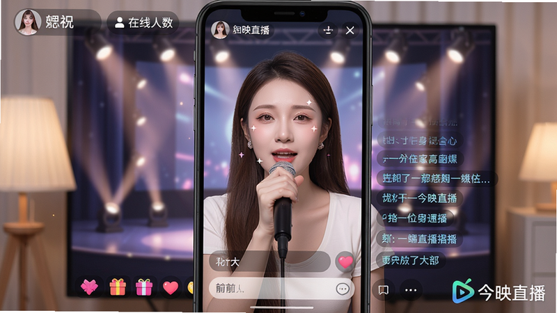 主体:直播房间内主播正在表演唱歌,手机屏幕全屏显示;布局:主播人物居中,背景为虚拟舞台灯光;排版:画面顶部有主播昵称和在线人数,底部有礼物栏和输入框;风格:真人主播,美颜滤镜,灯光柔和;细节:弹幕从右向左缓缓滚动,屏幕右下角有“今映直播”水印;画质:高清人像,背景干净无多余元素