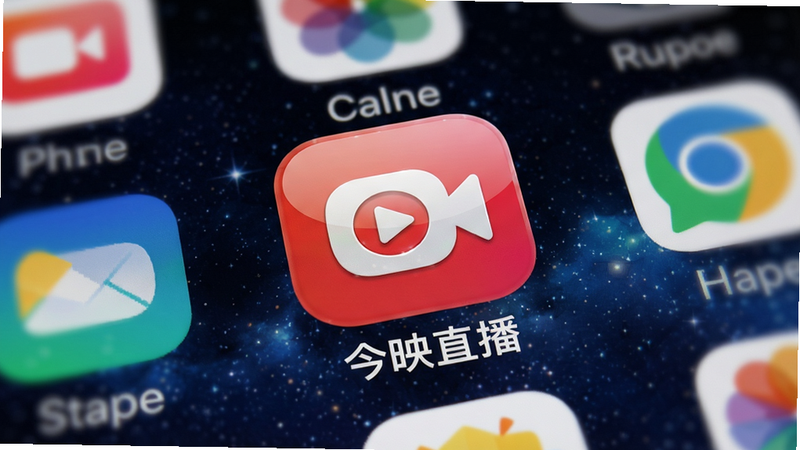 主体:手机桌面图标特写,显示“今映直播”应用图标;布局:手机屏幕中央,图标居中放置,周围有常用应用图标作为背景虚化;排版:图标为圆形,带有红白渐变,中间有直播摄像头符号;风格:拟物化与扁平结合,高光反射;细节:图标下方有“今映直播”中文名称,背景桌面为星空壁纸;画质:超清晰,无多余元素