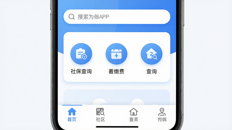 ���壺����Ϊ��APP�����棬�����������в�Բ�ι���ͼ�꣨���¡��ɷѡ���ѯ�����������ײ������������֣����½ṹ����Ƭʽ�Ű档��񣺱�ƽ�������׽�����ɫ����Բ��Ԫ�ء�ϸ�ڣ�ÿ��ͼ���·�����������˵�����硰�籣��ѯ�������ʣ����壬�ɾ����޶���Ԫ�ء�