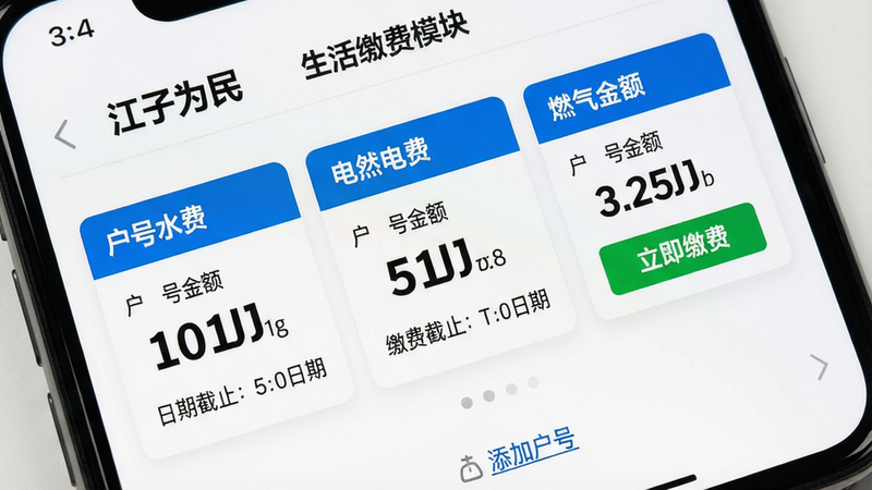 主体:手机屏幕显示“江子为民”生活缴费模块的账单详情页,包含水费、电费、燃气费三个缴费卡。布局:卡片式布局,每个卡片内显示户号、金额、缴费截止日期。排版:字体大小对比明显,金额数字加大加粗。风格:清爽的白色背景,蓝色卡片标题。细节:卡片右侧有“立即缴费”绿色按钮,底部有“添加户号”链接。画质:高分辨率,无多余元素。