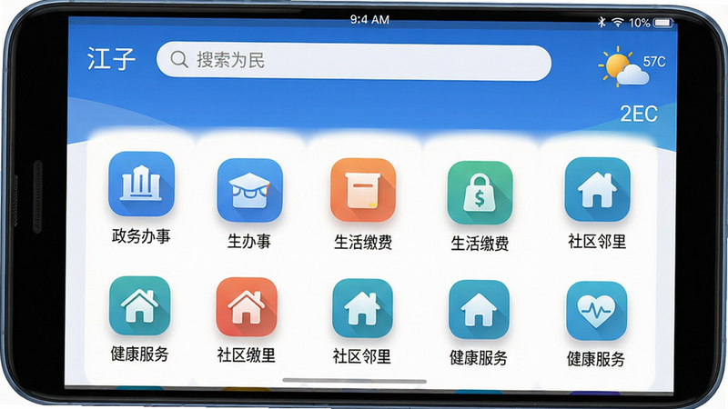 主体:一款名为“江子为民”的安卓智能手机应用界面,展示主屏幕上的功能图标,包括“政务办事”、“生活缴费”、“社区邻里”、“健康服务”等模块。布局:中心对称,图标整齐排列成网格,顶部有搜索栏和天气小部件。排版:现代扁平化风格,圆角矩形图标,文字标注清晰。风格:简约清新,主色调为蓝色和白色,符合政府服务类应用的稳重感。细节:图标上有微小的阴影和渐变,屏幕顶部状态栏显示时间与信号。画质:4K超清,干净无多余元素。