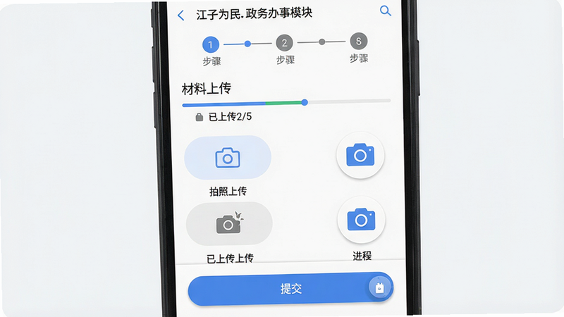 主体:手机屏幕显示“江子为民”政务办事模块的“材料上传”页面,页面中有多个拍照上传按钮和进度条。布局:上下结构,上方为步骤指示器,中间为材料列表,下方为提交按钮。排版:清晰的信息层级,步骤编号用蓝色圆点标识。风格:UI设计遵循Material Design规范,按钮带有微动效。细节:进度条显示“已上传2/5”,拍照按钮带有相机图标。画质:干净整洁,无多余元素,色彩柔和。
