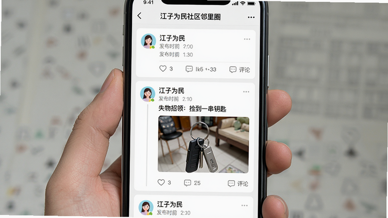 主体:手机屏幕显示“江子为民”社区邻里圈的信息流页面,包含多条用户动态卡片。布局:瀑布流排版,每条卡片包含头像、昵称、发布时间、图文内容。排版:卡片间距均匀,文字与图片比例协调。风格:社交应用常见的明亮风格,带有点赞和评论图标。细节:其中一条动态显示“失物招领:捡到一串钥匙”,附有实物图片。画质:干净无多余元素,色彩真实。