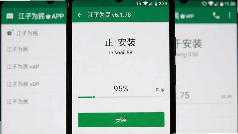 主体:一张手机截图显示“江子为民”APP的安装过程,屏幕上有“安装”按钮和进度条,背景为安卓系统设置界面。布局:居中构图,安装按钮位于底部。排版:清晰展示“正在安装”文字和百分比。风格:真实系统界面截图,无模糊。细节:顶部显示“江子为民 v6.1.78”,安装按钮为绿色。画质:干净无多余元素,文字锐利。