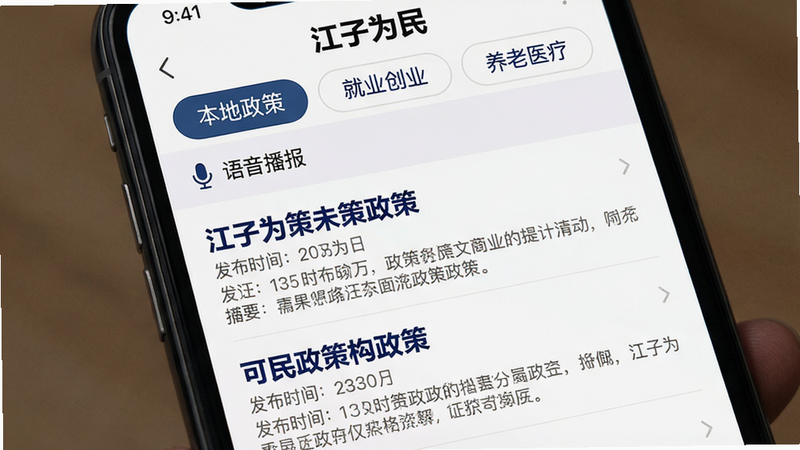 主体:手机屏幕显示“江子为民”政策推送页面,顶部有分类标签“本地政策”、“就业创业”、“养老医疗”。布局:列表式布局,每条政策包含标题、发布时间、摘要。排版:标题用深蓝色加粗,摘要用灰色小字。风格:新闻资讯类应用的简约风格。细节:标签页下方有“语音播报”图标,适合老年用户。画质:清晰无多余元素,文字可读性高。