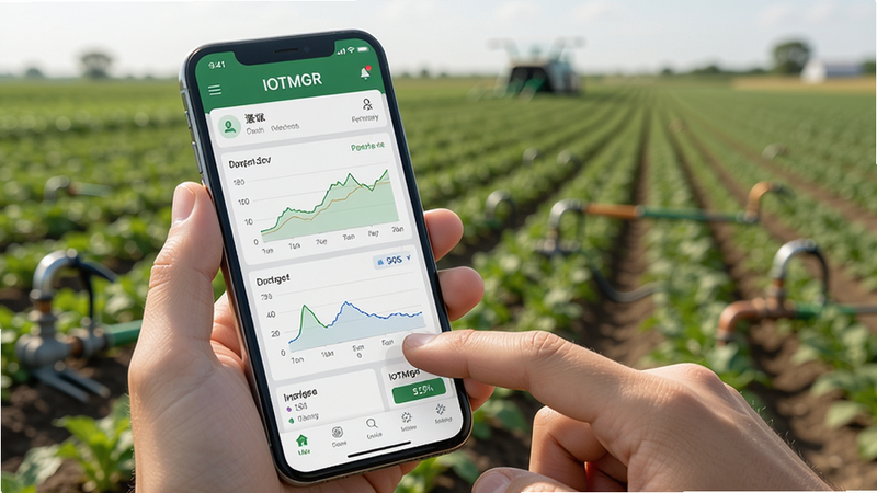 IOTMGR�ֻ���ʹ�ó���ͼ���û��ֳ��ֻ��鿴������ݣ�������ũ����֣�ǰ���ֻ���Ļ��ʾIOTMGR���棬��ģ����ũ����дʵ��Ӱ�����Ȼ���ߡ�ϸ�ڣ��ֻ���Ļ��������ͼ������ָ������������ʣ����壬�ɾ���