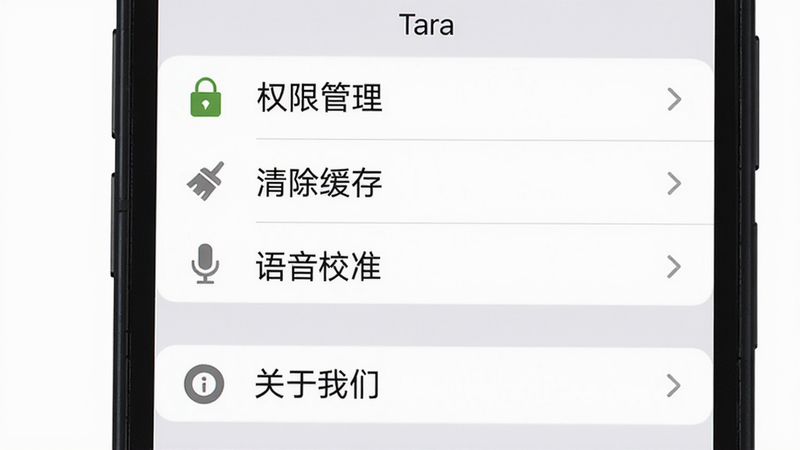 主体:手机屏幕展示Tara的设置页面,布局:从上到下依次“权限管理”“清除缓存”“语音校准”“关于我们”,风格:简洁系统设置UI,细节:每个选项前有小图标,画质:高清通透,背景为纯白色。