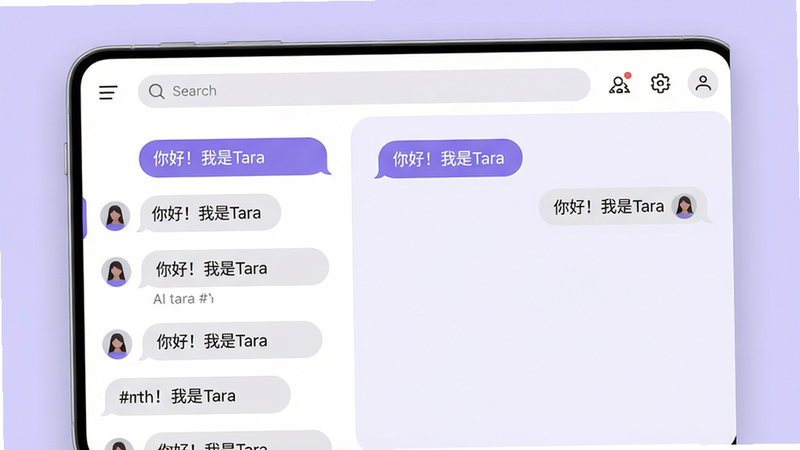 主体:Tara手机应用界面截图,布局:左侧显示对话列表,右侧为主聊天窗口,界面顶部有搜索栏和功能图标,排版:采用卡片式平铺,风格:现代极简主义,圆角设计,底色为白色搭配淡紫色渐变,细节:聊天气泡采用圆角矩形,用户气泡为紫色,AI气泡为浅灰色,文字清晰显示“你好!我是Tara”,画质:高分辨率,干净无多余元素,背景为纯色。