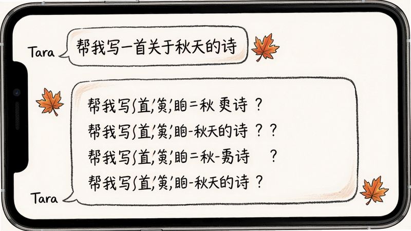 主体:用户与Tara的对话气泡界面,布局:上下排列,上方为用户的提问“帮我写一首关于秋天的诗”,下方为Tara的长诗回复,排版:气泡左对齐,风格:清新手绘风,细节:诗歌内容用优雅的字体呈现,旁边有枫叶小图标,画质:高清晰,干净无杂物。