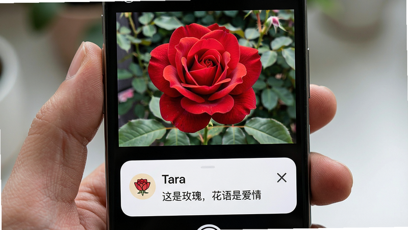 主体:手机屏幕显示拍照界面,画面中有一朵花,下方弹出Tara的识别结果“这是玫瑰,花语是爱情”,布局:上半部分取景框,下半部分为识别卡片,风格:写实摄影与UI结合,细节:花朵清晰,识别结果带小图标,画质:4K级,无多余元素。
