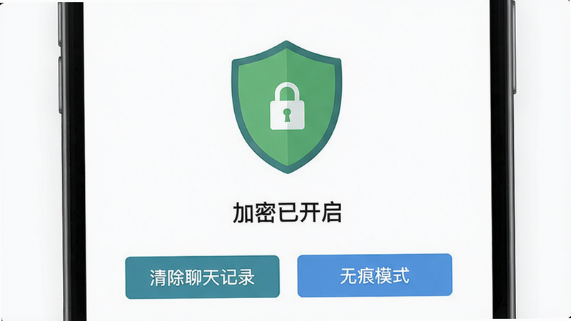 主体:隐私设置页面,显示“加密已开启”绿色盾牌图标,布局:中心大图标,下方有“清除聊天记录”“无痕模式”两个按钮,风格:扁平化安全风格,细节:盾牌上有小锁图案,画质:干净明亮。