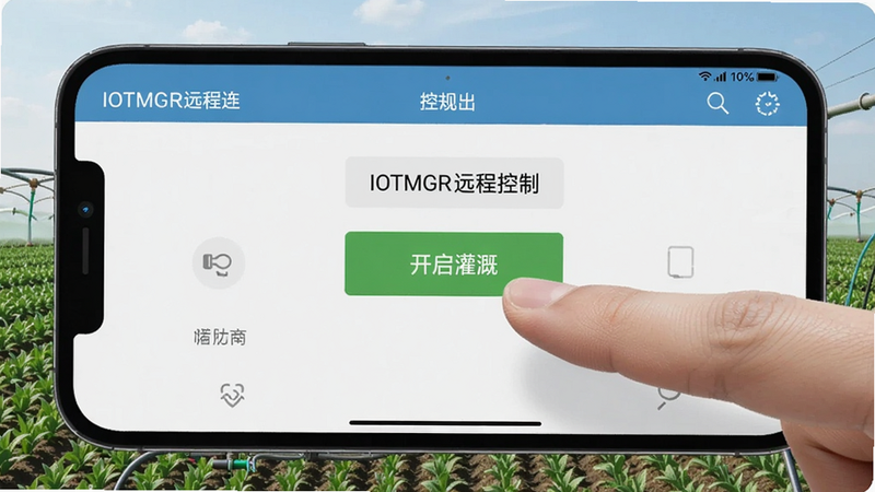 手机屏幕显示IOTMGR远程控制界面,手指点击“开启灌溉”按钮,背景为农田灌溉场景,画质清晰,干净无多余元素。